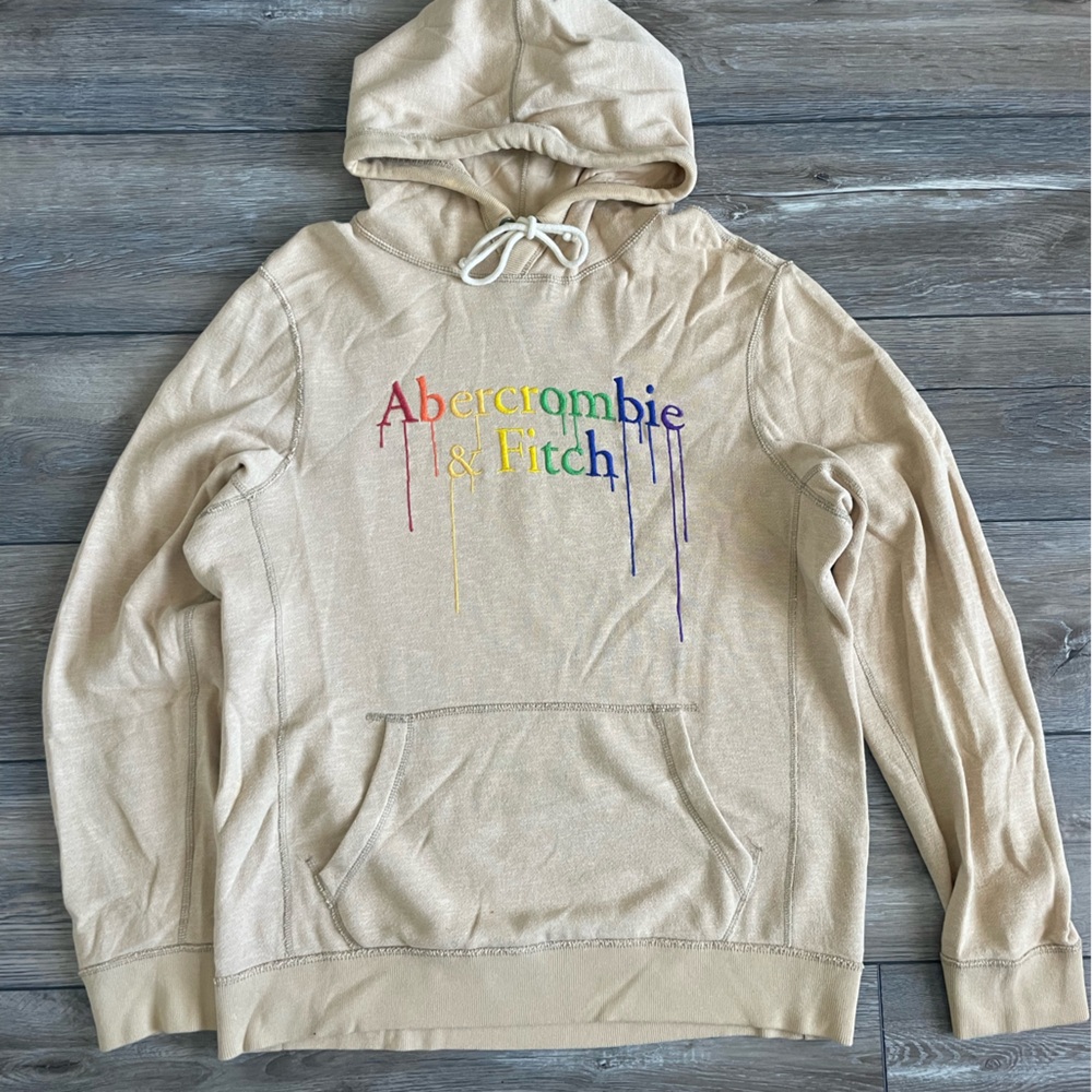 Abercrombie & Fitch Tan Hoodie with Multicolor Logo Size Medium